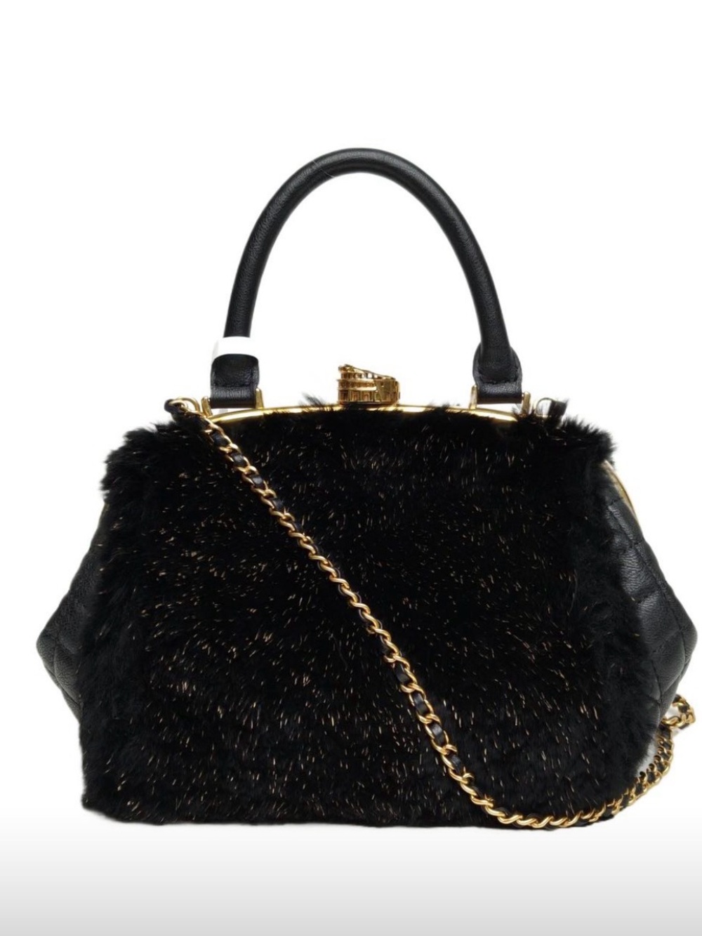 Chanel Rabbit Fur Lambskin Top-Handle Bag with Gold Chain crossbody Box Dust bag